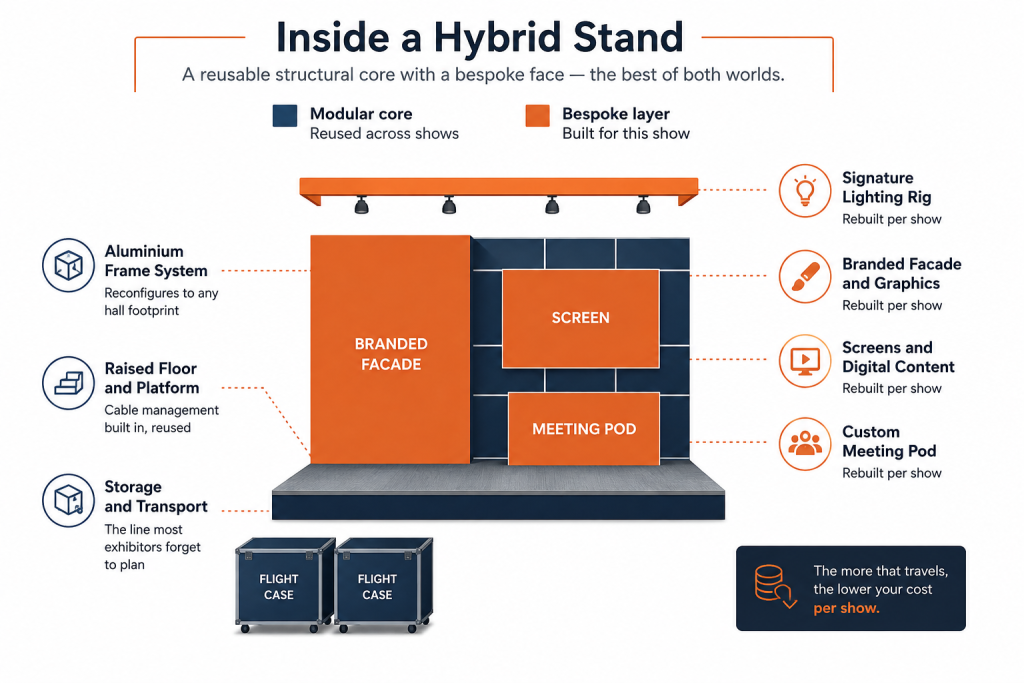 Diagram of a hybrid exhibition stand showing the reusable modular core and the bespoke layer rebuilt for each show