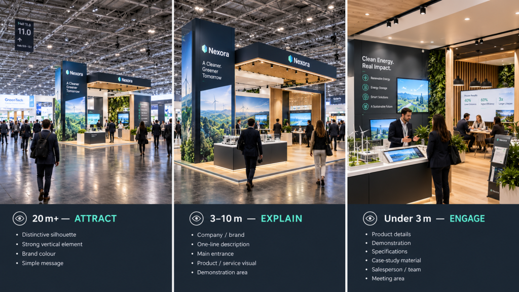 Exhibition stand designed to communicate at three viewing distances from the aisle