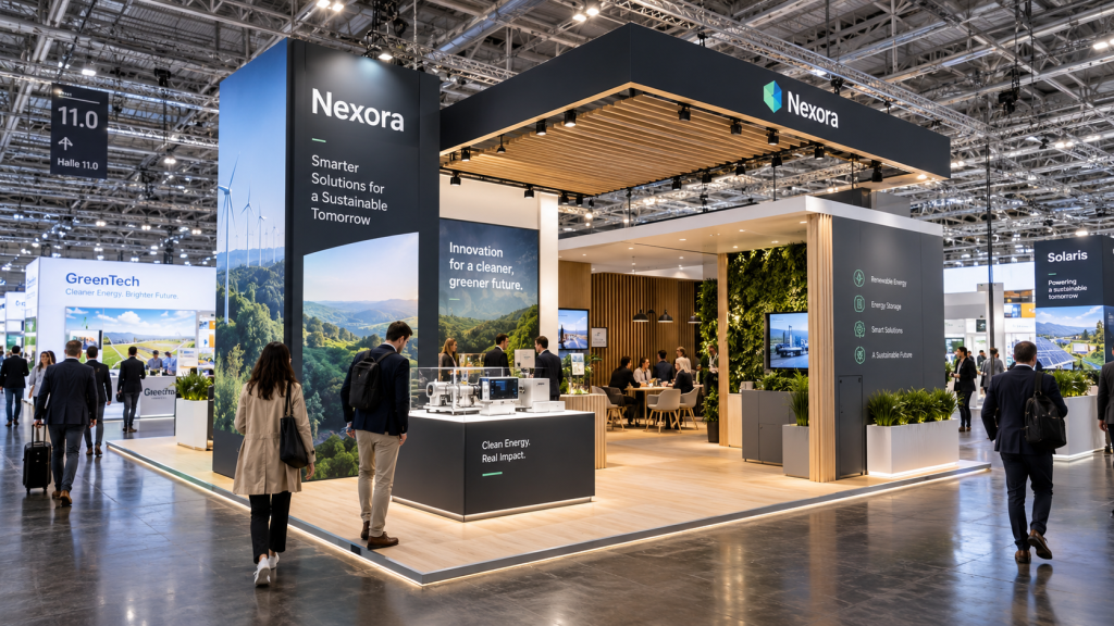 Exhibition stand design inside Messe Frankfurt with open frontage and strong vertical branding